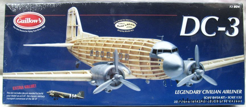 Guillows 1/32 Douglas DC-3 - or C-47 - Eastern Airlines Great Silver Fleet Balsa Model, 804 plastic model kit